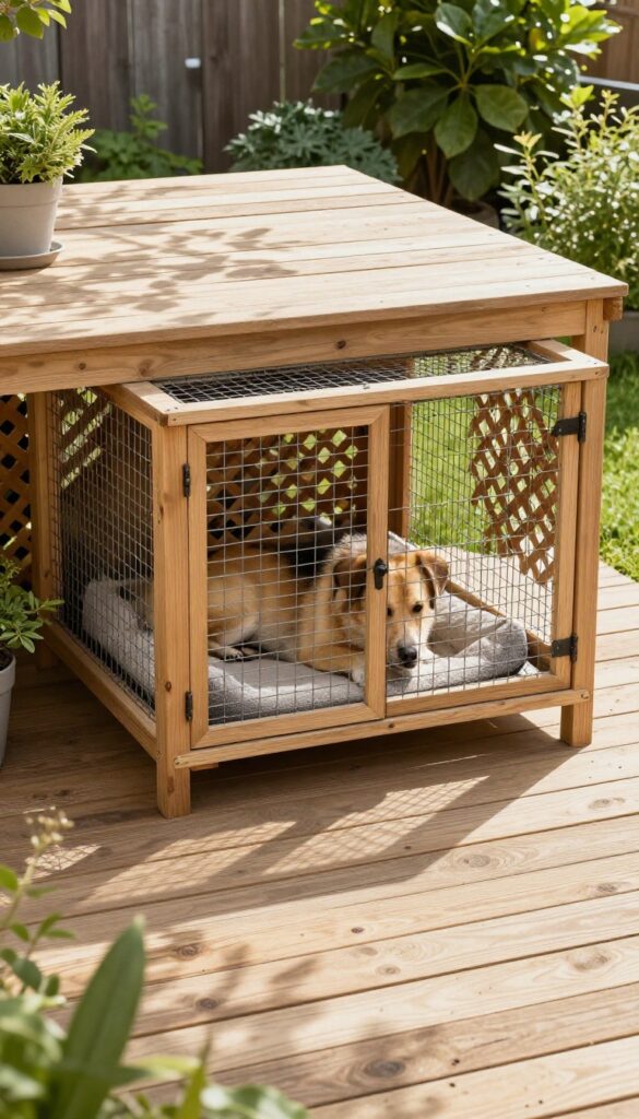 Under-deck dog kennel conversion with lattice enclosure and raised floor in a small backyard