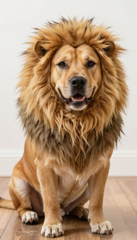 A short-haired dog wearing a fluffy lion mane costume, sitting on a wooden floor in natural light.
