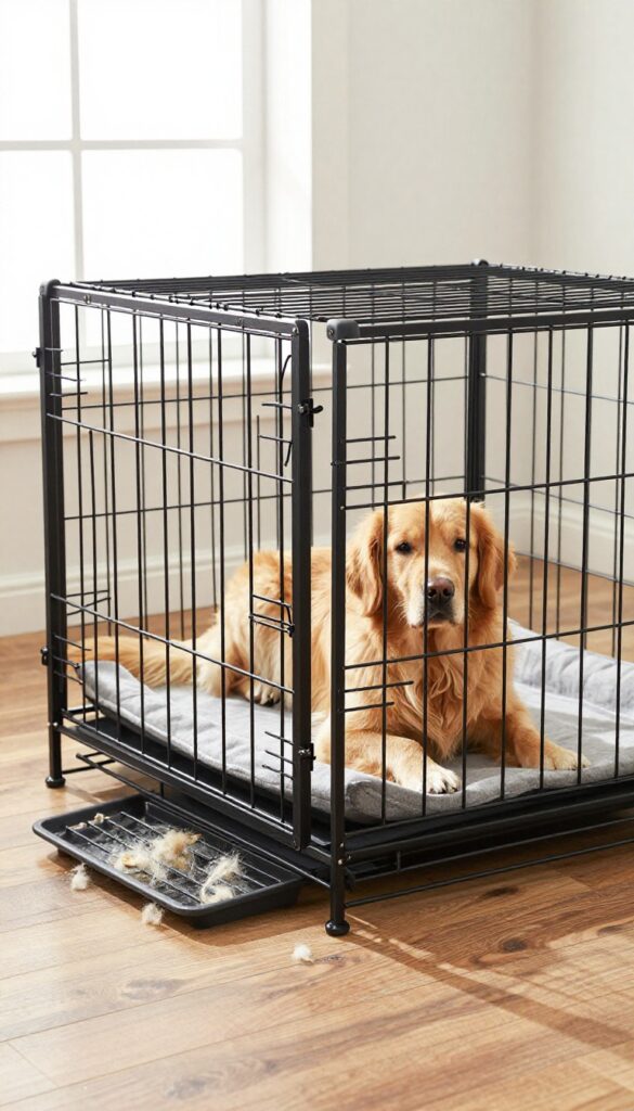 Elevated dog crate with slide-out catch tray in a bright living room, Golden Retriever resting inside.