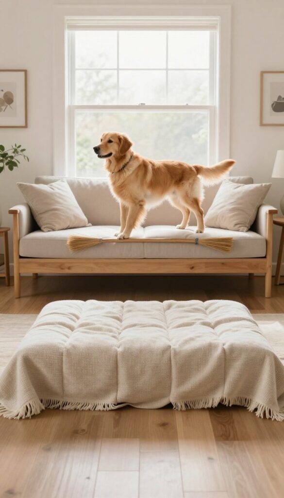 Dog jumping over a broomstick obstacle in a sunny living room with blanket tunnel and pillows.