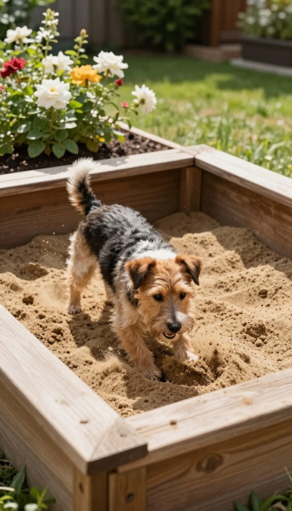 Dog digging in a designated sand pit in a backyard, surrounded by flower beds