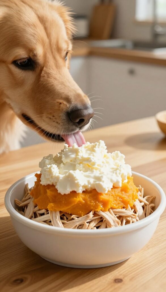 Dog licking a layered frozen lick bowl with chicken, pumpkin, and cottage cheese layers in a shallow silicone bowl on a wooden table.