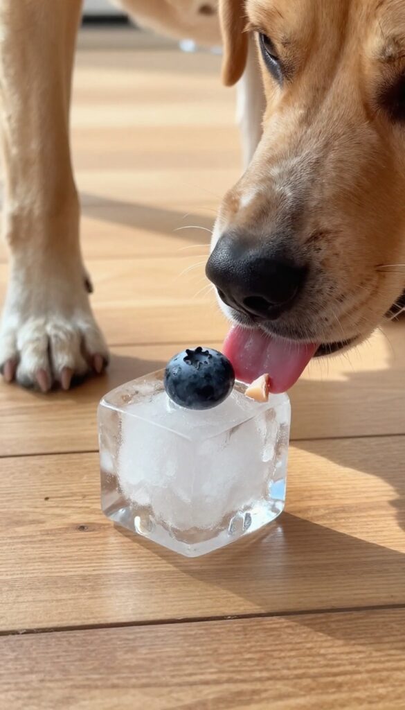 Dog sniffing a large ice cube with hidden treats inside on a wooden floor