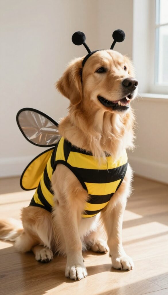 Golden retriever in a bumblebee costume with wings and antennae, sitting in a sunlit room