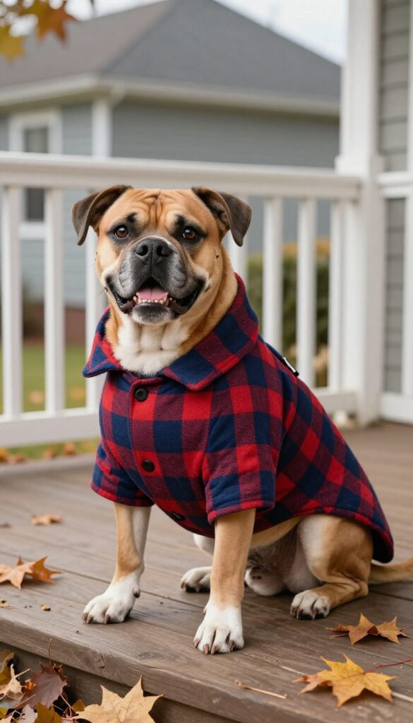 Dog wearing a preppy plaid coat in fall setting