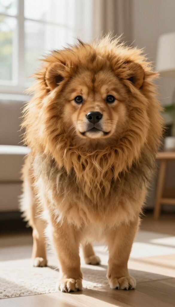 Small dog wearing a lion mane costume looking serious in a sunlit room