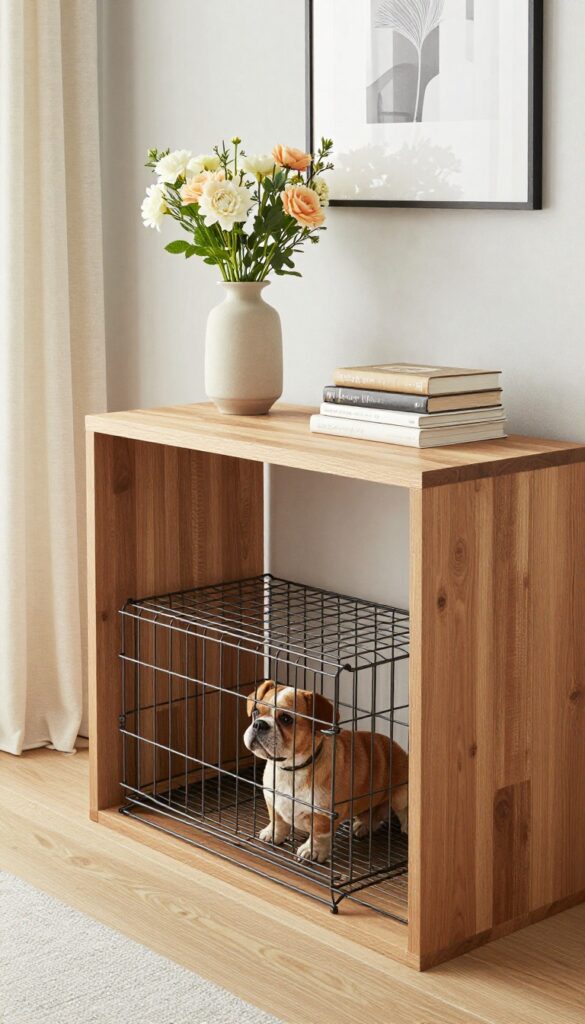 Console table covering a dog crate with decor on top and a curtain for hiding the crate.