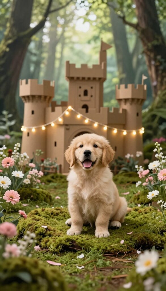 Golden retriever puppy at a fairy tale forest themed birthday party with moss, flowers, fairy lights, and a cardboard castle backdrop.