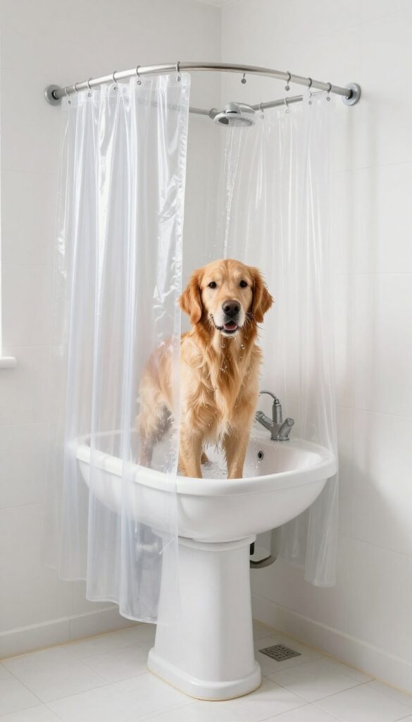 Dog being bathed in utility sink with clear shower curtain splash guard