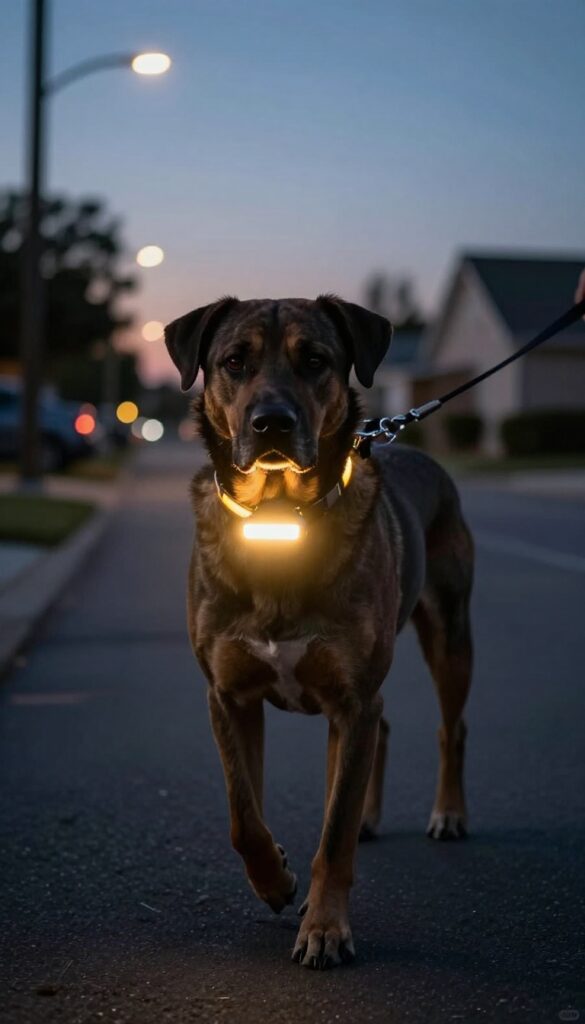 Dog with a bright LED collar light on an evening walk, visible from a distance in low light.