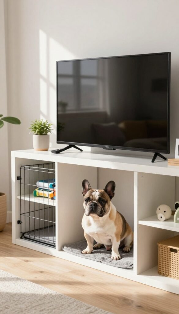 IKEA Kallax TV stand with a dog crate insert, a French Bulldog inside, and a TV on top in a bright living room.