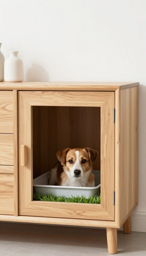 A low wooden cabinet with a pet door, containing a hidden dog potty area, in a bright laundry room.
