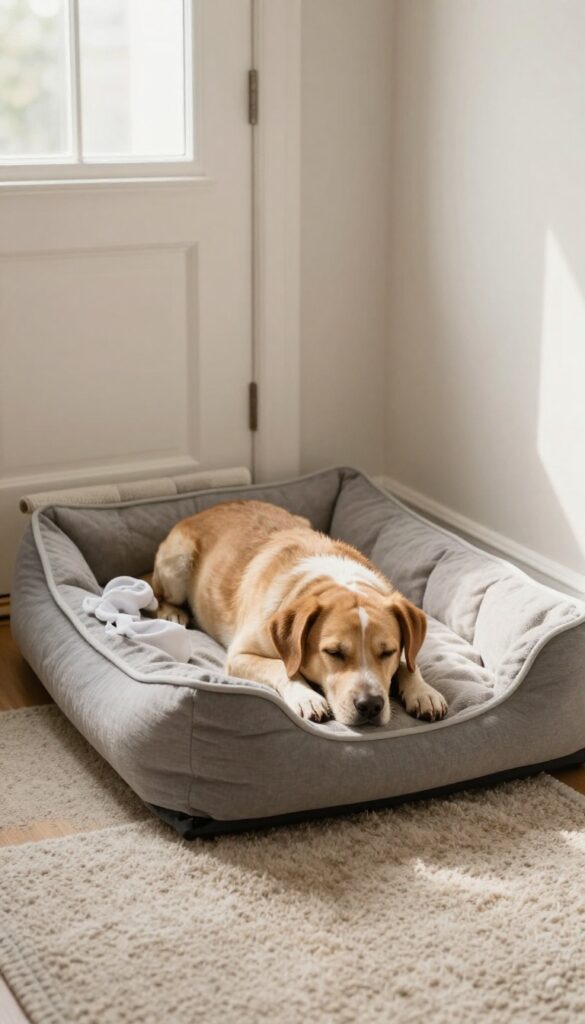 Cozy dog bedroom corner with bed away from drafts, draft stopper at door, and calm sleeping dog.