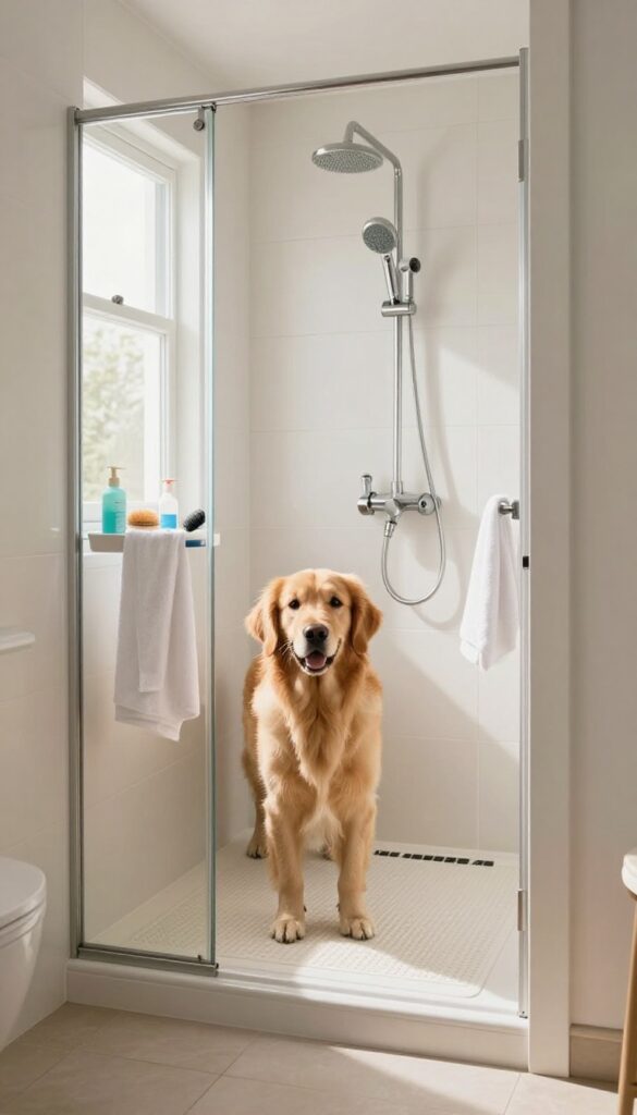 Walk-in shower dog wash station with handheld sprayer, rubber mat, and supplies in a bright utility room