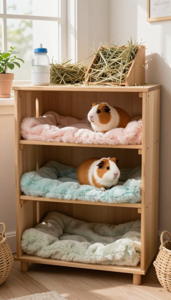 Repurposed bookshelf guinea pig cage with multi-level platforms, ramp, and a guinea pig on middle level, in a cozy room corner with natural light.