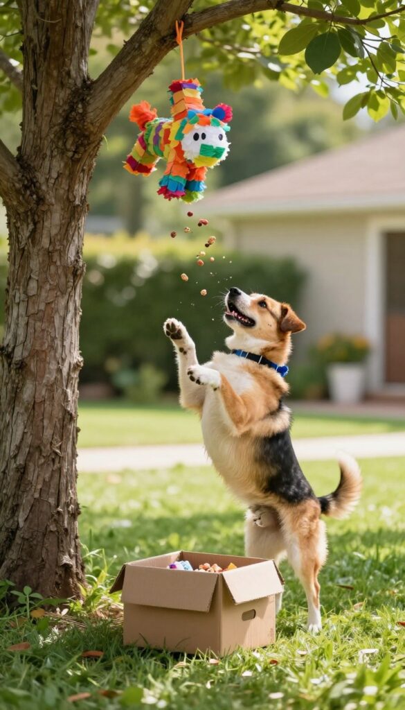 Dog jumping to hit a DIY cardboard piñata filled with treats and toys in a sunny backyard.