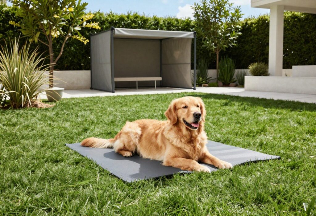 Outdoor dog kennel with shade sail and golden retriever resting inside