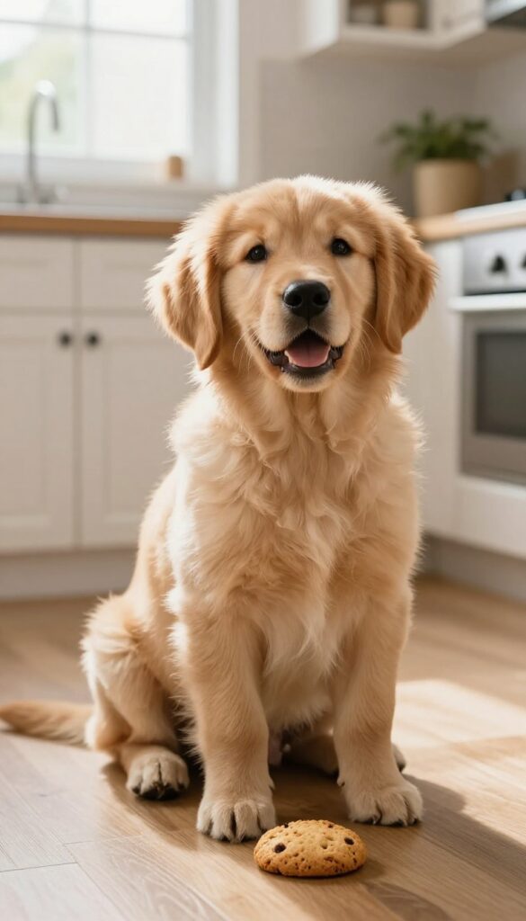 A golden retriever puppy sitting beside a biscuit in a sunlit kitchen.