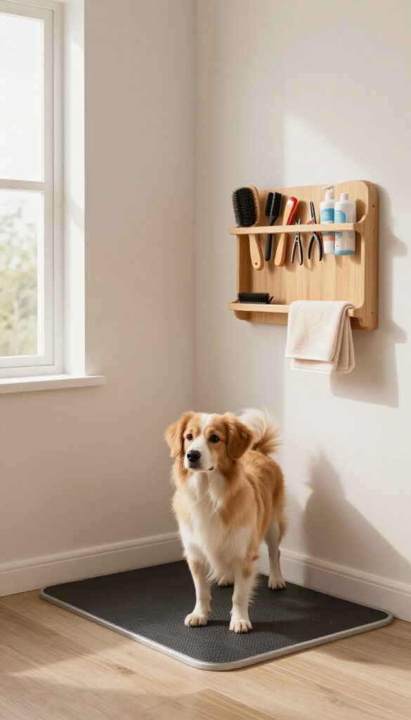 Puppy grooming station with non-slip mat, brush, nail clippers, and wipes in a wall organizer, bright natural light