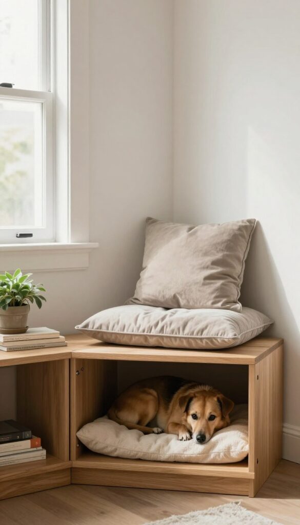 A dog sleeping inside a storage bench dog bed in a bright living room