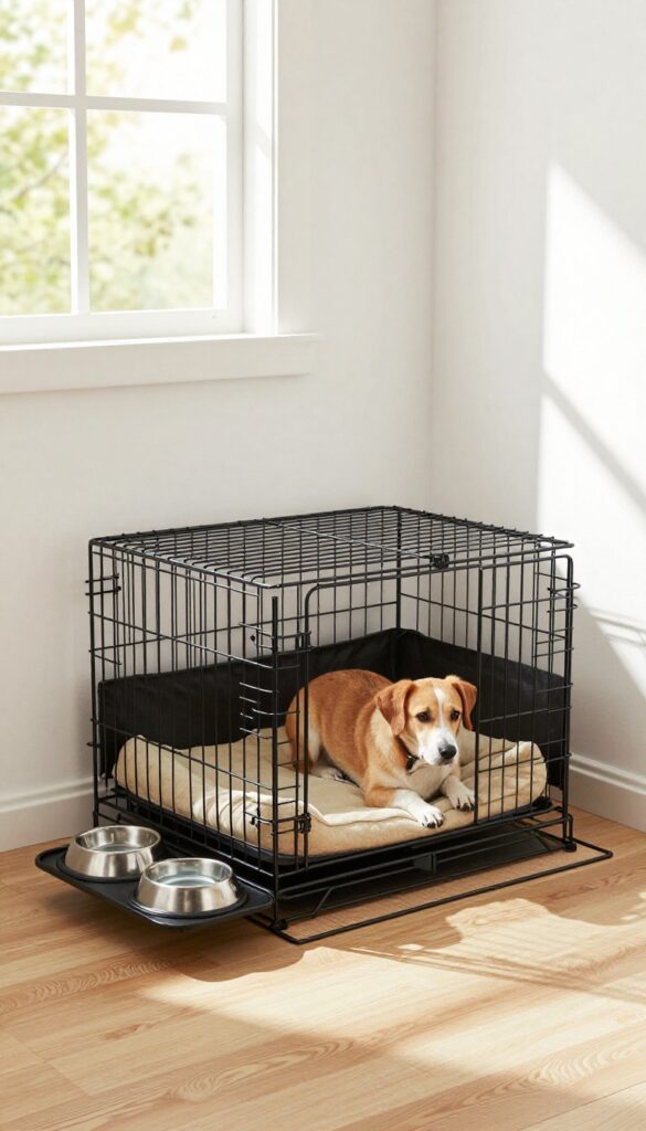 A modern dog crate with a built-in feeding station, featuring a pull-out tray for food and water bowls, set in a sunny, tidy living room.