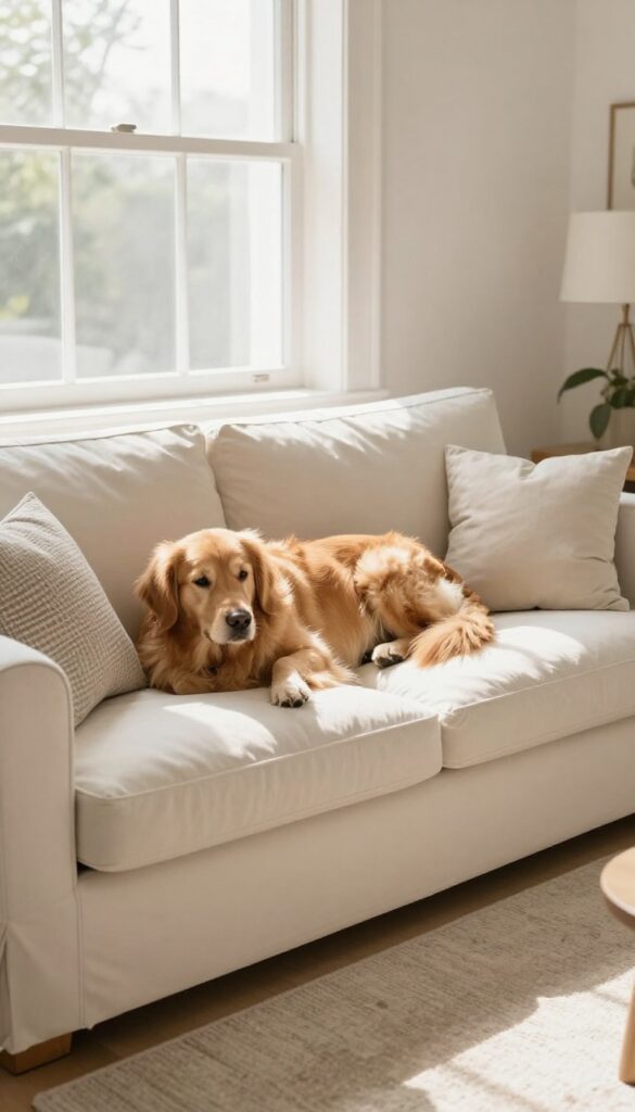 Dog resting on a slipcovered sofa in a bright living room
