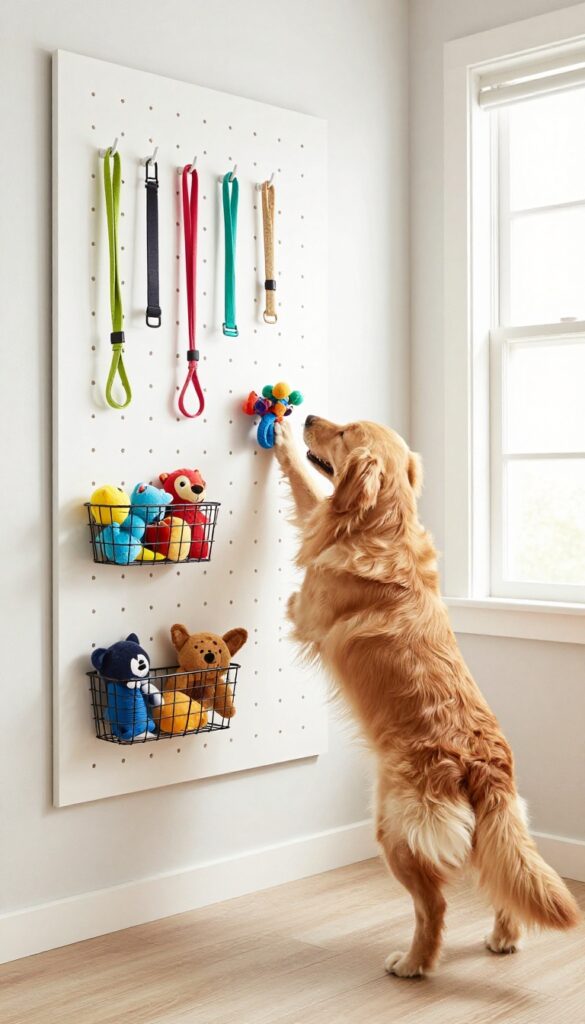 A dog reaching for a toy on a pegboard organization wall in a bright mudroom