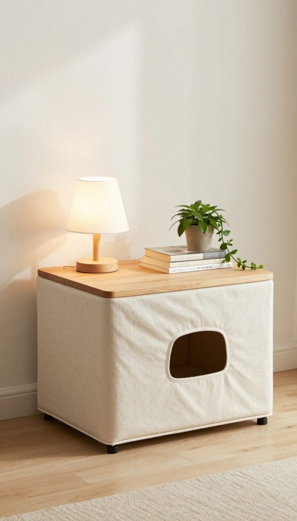 Dog crate styled as a multi-functional furniture piece with lamp, books, and plant in a cozy living room