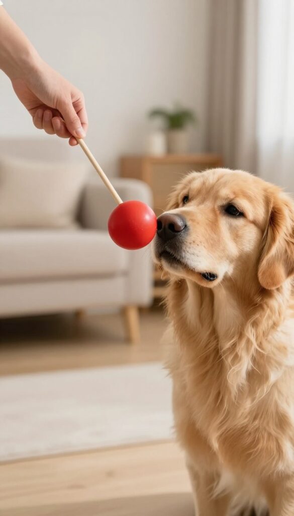 Dog touching a target stick with its nose, held by a person's hand, in a bright indoor setting.