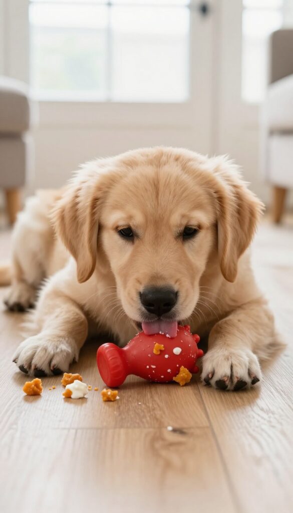 Golden retriever puppy enjoying a frozen Kong toy on a hardwood floor
