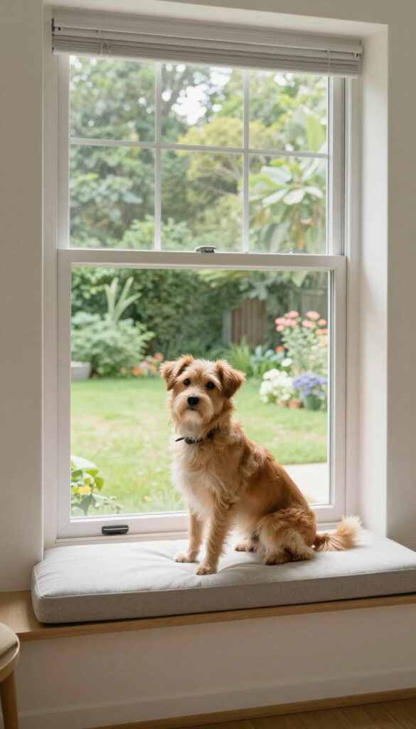 Dog sitting on a window perch in a bright living room, looking outside.