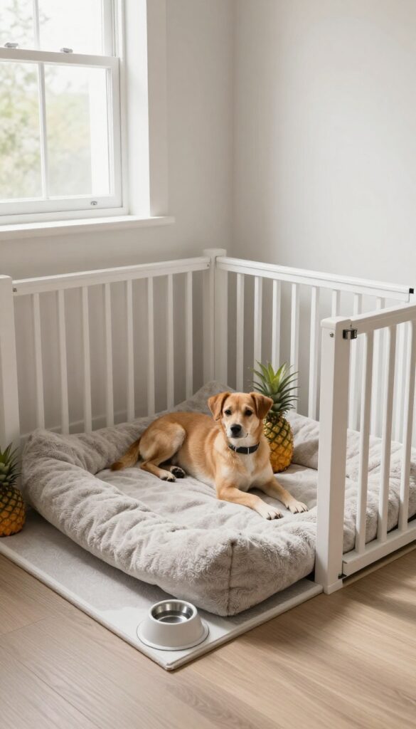 Staircase landing transformed into a built-in dog kennel with a gate and cozy bed