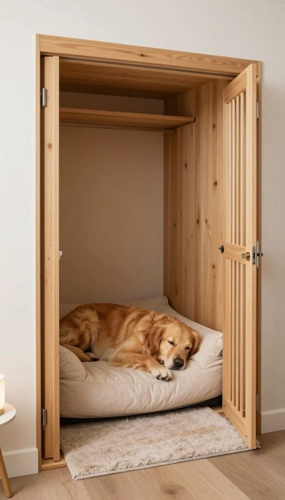 Repurposed closet turned kennel for a large breed dog, with a baby gate, cozy bed, and soft lighting.