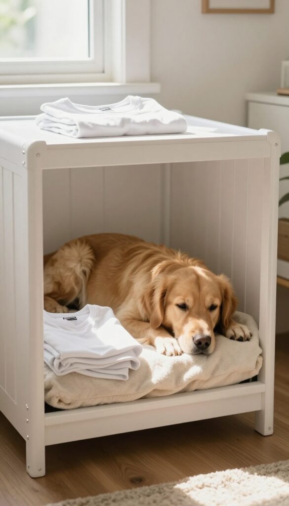 Golden retriever resting calmly in a crate with a familiar scented t-shirt, natural light, cozy bedroom setting