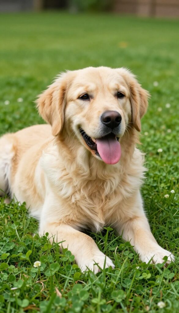Golden retriever resting on a vibrant clover lawn in a sunny backyard