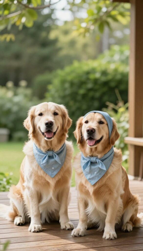 Woman and golden retriever wearing matching blue bandanas on porch