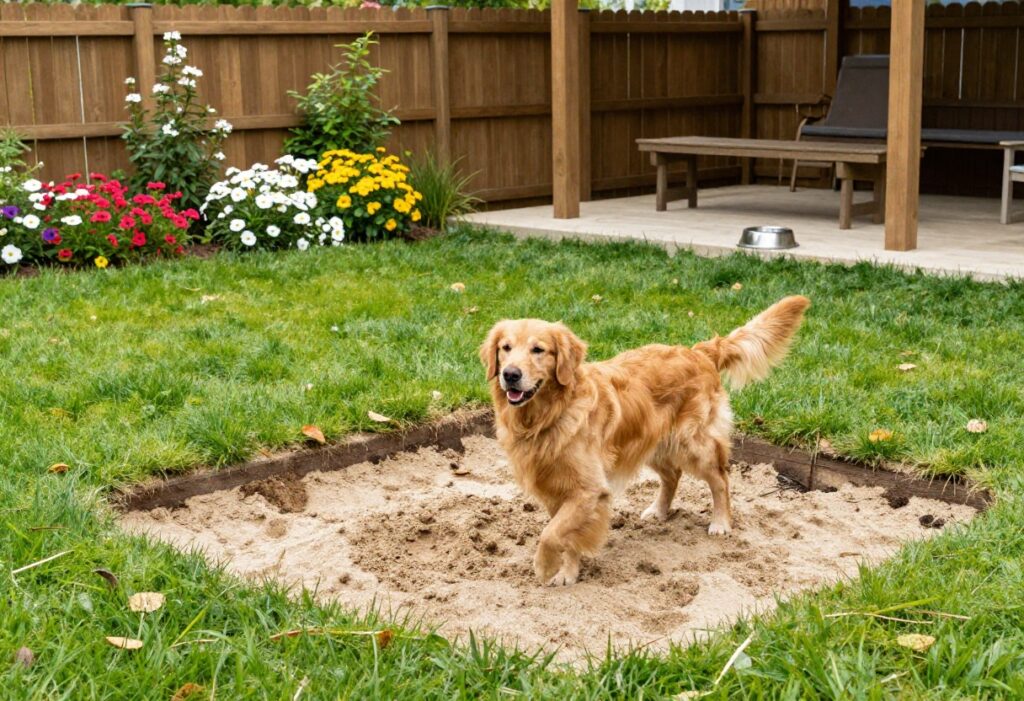 Golden retriever playing in a dog-friendly backyard with a dig pit, flowers, and shade.