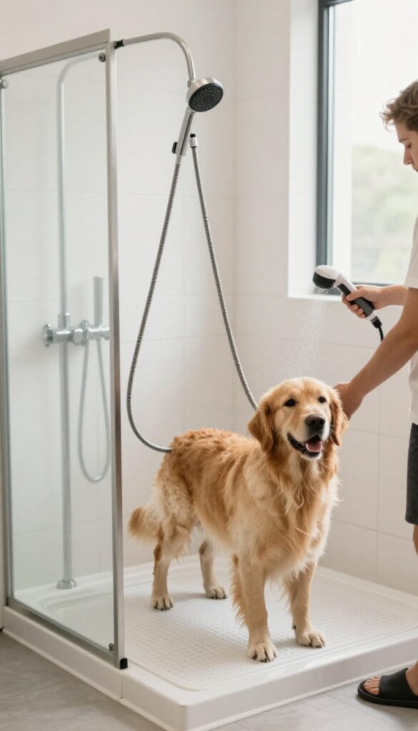Dog grooming station with handheld sprayer and non-slip mat in a modern bathroom, a golden retriever being rinsed.