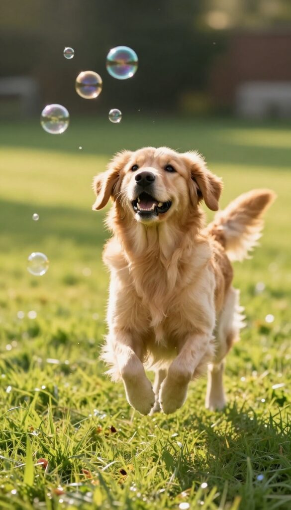 Golden retriever jumping to catch bubbles in a sunny backyard
