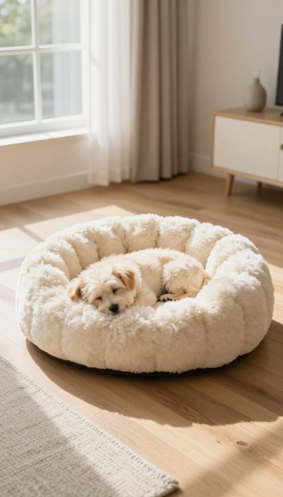 Round cream faux fur dog bed with a small curled up dog on hardwood floor in bright living room