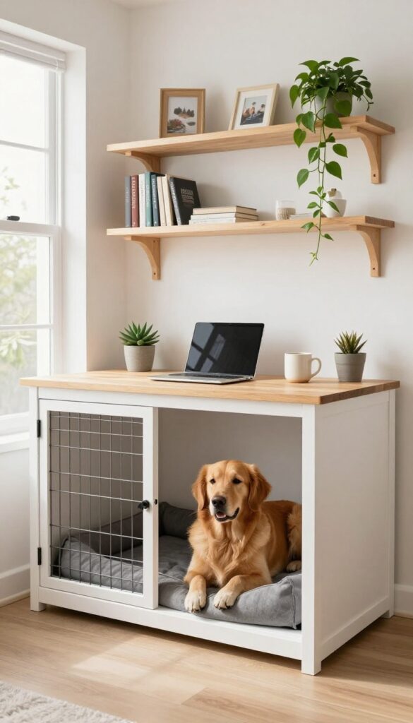 Custom built-in desk and dog crate combination with a golden retriever inside the crate.