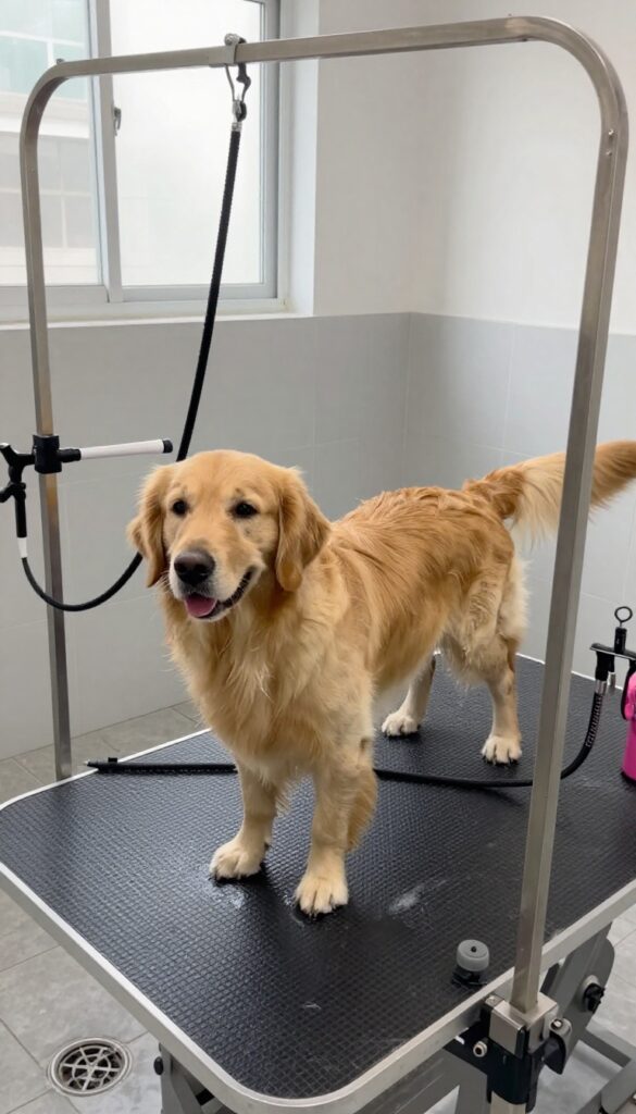 Dog grooming station with washable surfaces and handheld sprayer in a kennel