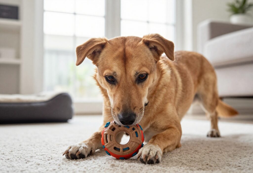 Happy dog playing with an interactive treat-dispensing toy on a living room floor