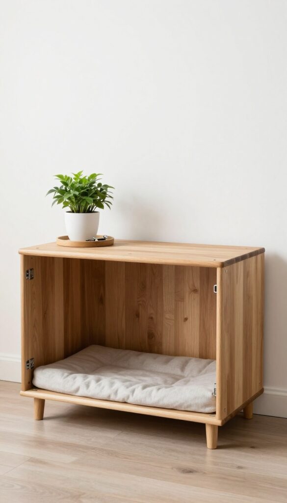 Built-in dog crate designed as a furniture piece, blending into a bright living room with a plush cushion and decor on top.