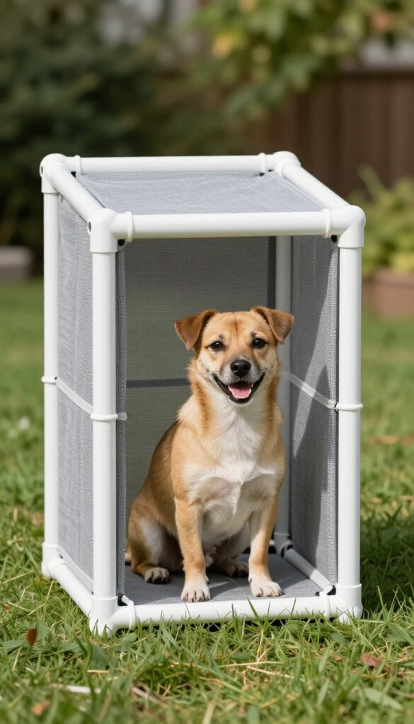 PVC pipe and hardware cloth dog run in a backyard with a dog inside