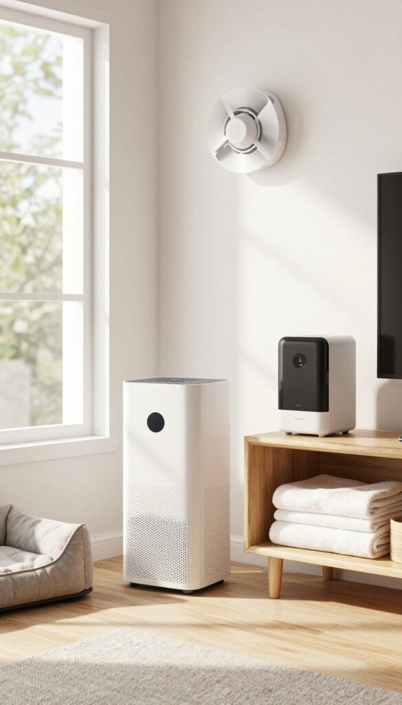Dog utility room with exhaust fan, air purifier, and dehumidifier for ventilation and odor control