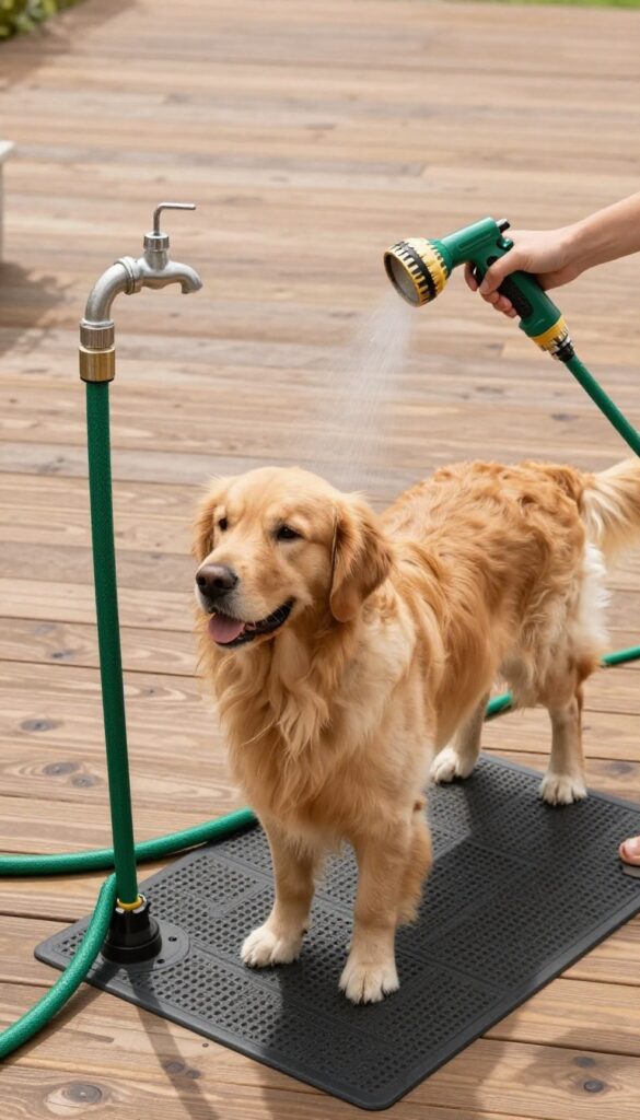 Deck-mounted hose attachment with warm water for outdoor dog bathing, featuring a mixing valve and spray nozzle, dog on non-slip mat.