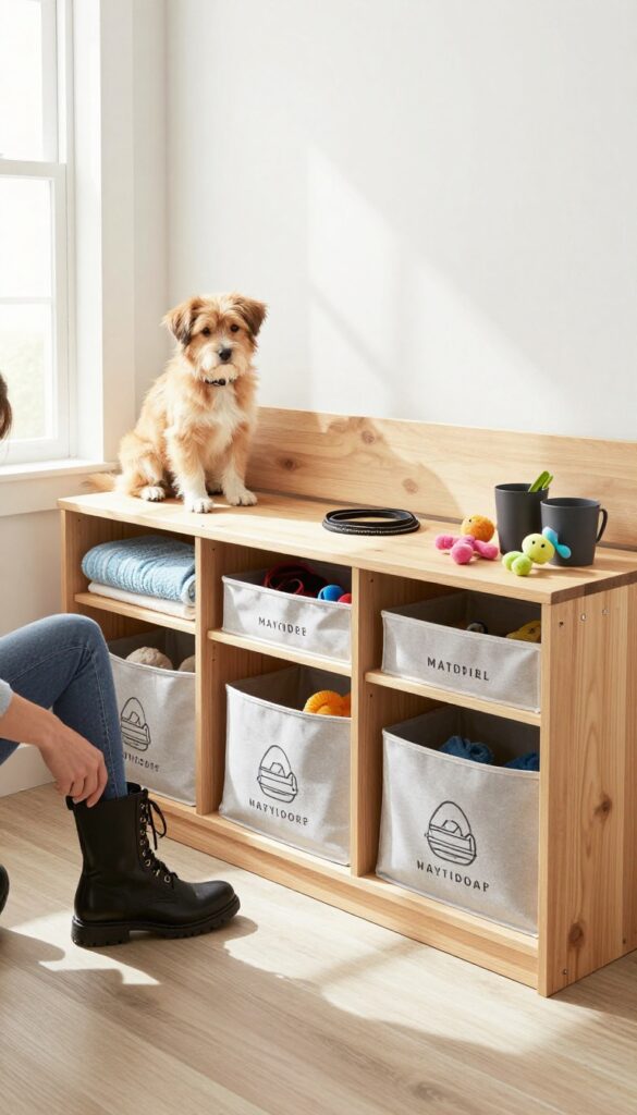 Storage bench for dog gear in a mudroom with organized baskets and a dog sitting on the bench