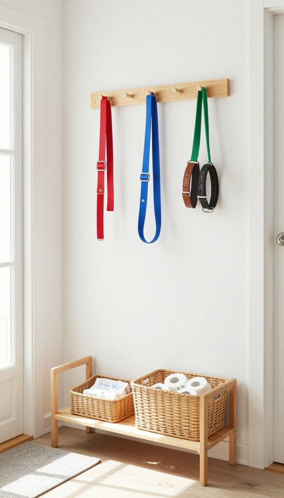 Wall-mounted pegboard with leashes and collars in a bright mudroom.