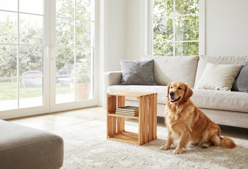 Modern dog room corner with crate furniture, washable rug, and a golden retriever relaxing